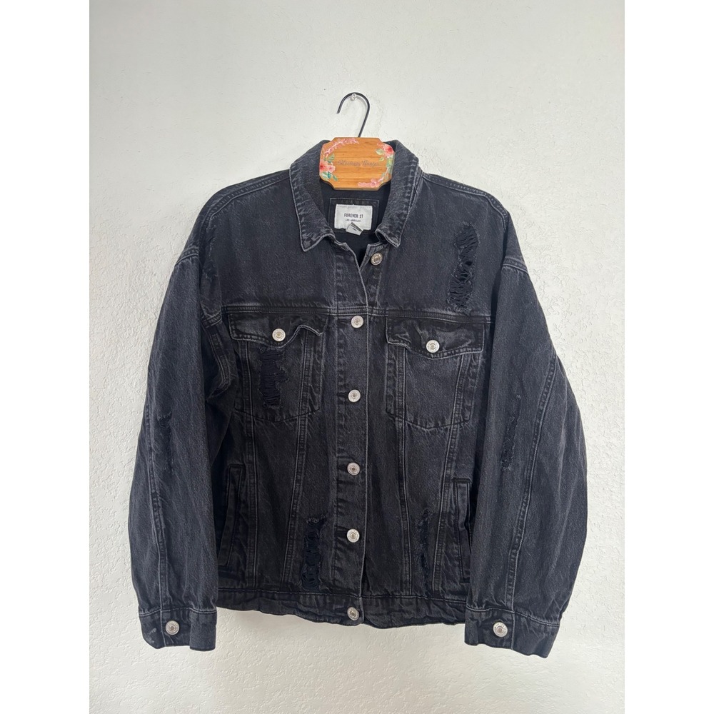 Forever 21 Denim Jacket Size L Black Distressed Oversized Trucker Jean Jacket